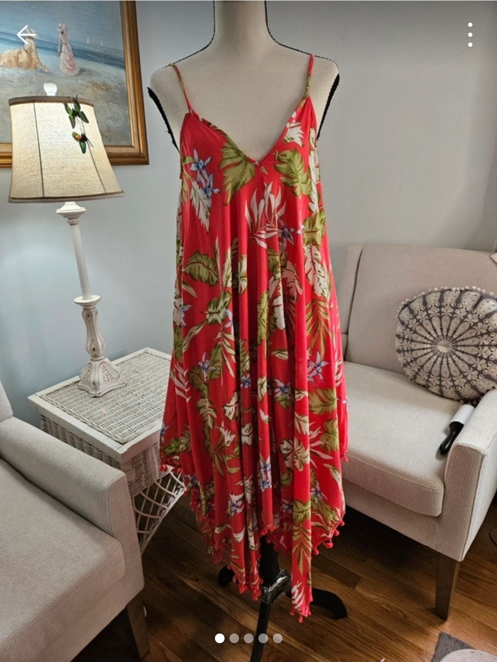 Coral Pink  Floral Slip Dress with Green Leaf Print. Vacation, Hawaii.